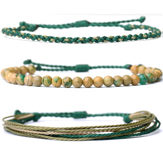 Handmade Natural Stone Beaded Healing Bracelet Gift for Men Adjustable Rope String Bracelet (Green Loong Jasper, Adjustable)