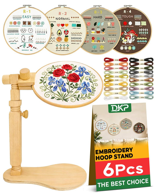 Wood Embroidery Hoop Stand Set, Needlepoint Stand for Lap, Embroidery Hoop Stand with Embroidery Kit for Beginners for Cross Stitch, Embroidery, and Art Craft Sewing Projects