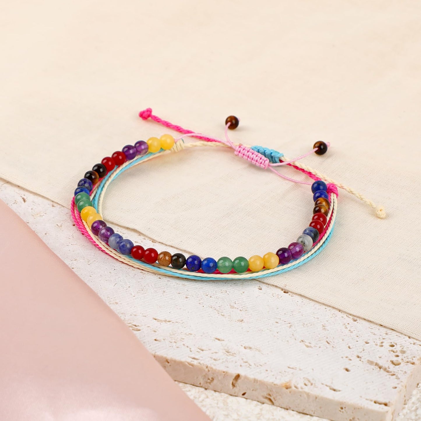LPBeads 4mm Chakra Bracelet with Handmade Rope Bracelet Size Adjustable Natural Stone Crystal Healing Bracelets Gifts for Unisex Adults