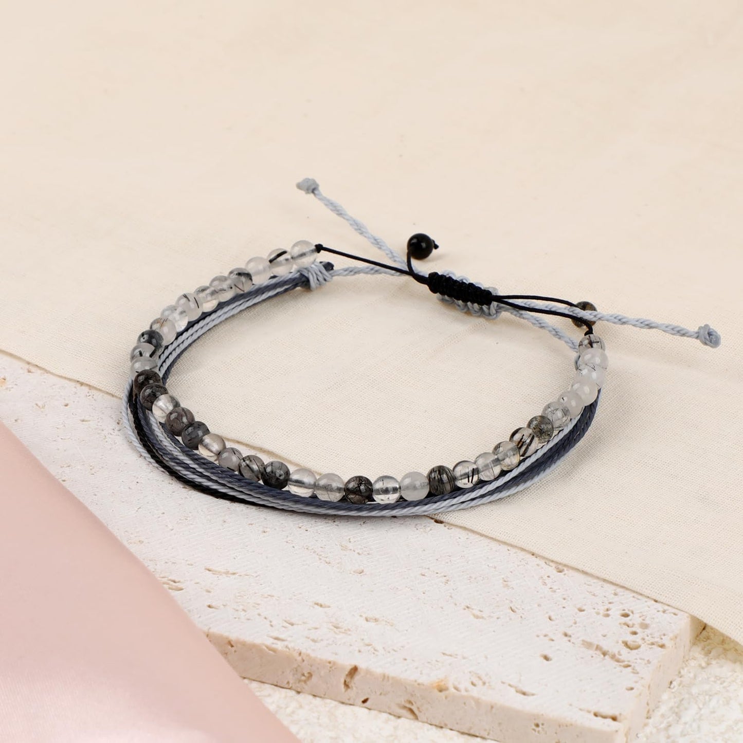LPBeads 4mm Black Rutilated Bracelet with Handmade Rope Bracelet Size Adjustable Natural Stone Crystal Healing Bracelets Gifts for Unisex Adults