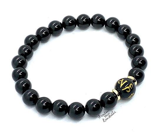 Black Obsidian Buddhist Prayer Beads Stretch Bracelet | Om Mani Padme Hum Mantra | Scorpio Zodiac Birthstone for October November | Root Chakra Association (Wrist Size 9.5 Inches)