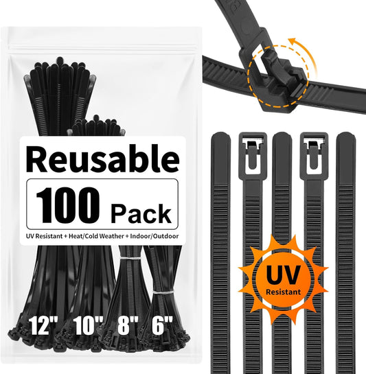 100 Pack 6+8+10+12 Inch SOOOEC Reusable Zip Ties Assorted Sizes UV Resistant, Black Zip Ties Heavy Duty Outdoor