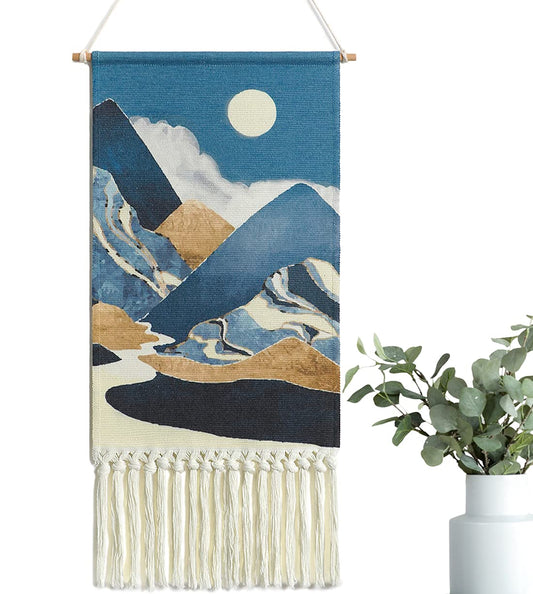 Alynsehom Macrame Woven Wall Hanging Tapestry Boho Wall Art Moon Mountain Chic Home Decor Bohemian Aztec Apartment Dorm Room Backdrop Decoration (Blue)
