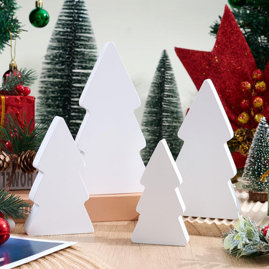 APUDWN 4Pcs Wooden Christmas Tree for Crafts White Unfinished Wood Xmas Tree Table Signs to Paint Blank Christmas Freestanding Block Cutouts for Tiered Tray Home Kitchen Office Shelf Living Room Decor