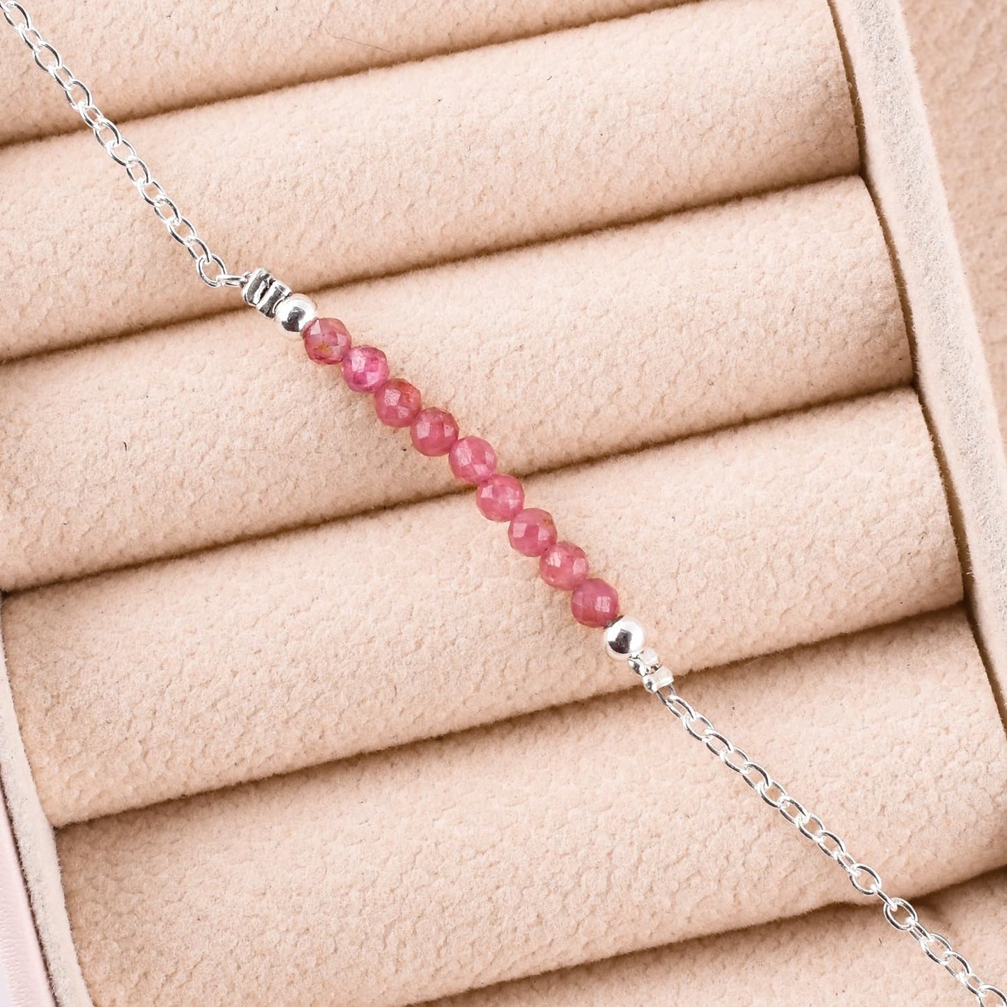 YANARA Pink Tourmaline Ankle Bracelet for Women Jewelry, Natural Birthstone, Gemstone Beads, Handmade Dainty Anklet 9"+1.25" inch, 3mm Rounds, Chakra Energy Crystals, Silver Plated Chain
