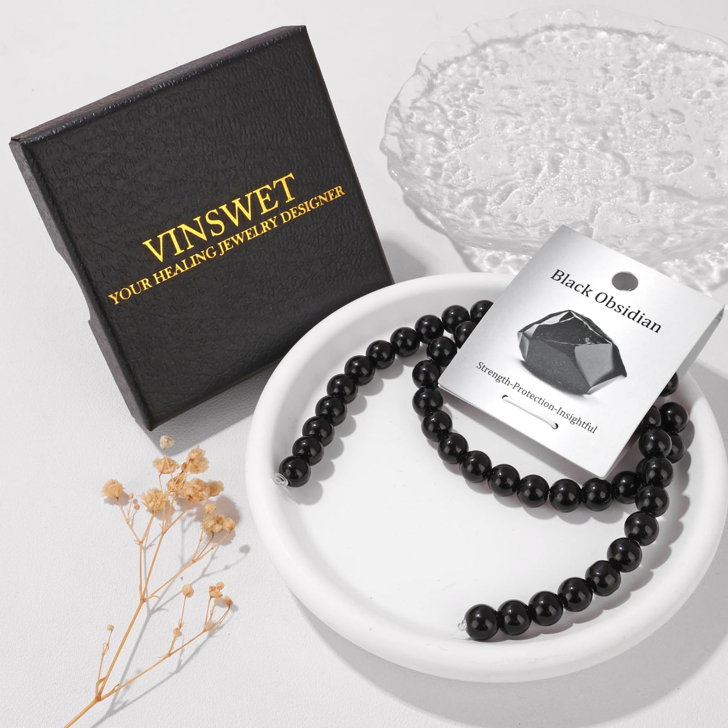 Vinswet 45pcs 8mm Black Obsidian Natural Stone Beads Round Genuine Real Stone Beading Loose Gemstones DIY Smooth Bead for Bracelet Necklace Earrings Jewelry Making