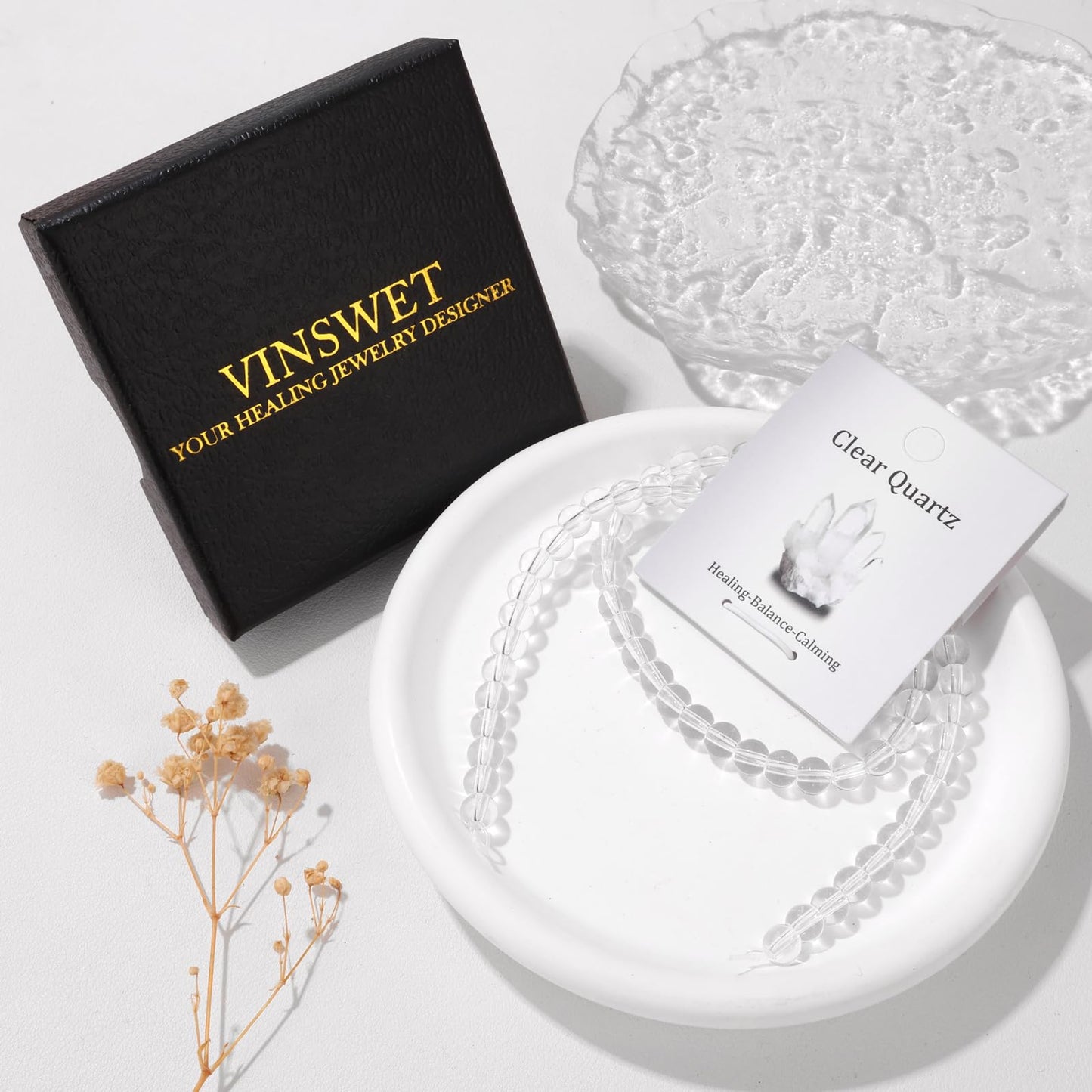 Vinswet 60pcs 6mm Clear Quartz Natural Stone Beads Round Genuine Real Stone Beading Loose Gemstones DIY Smooth Bead for Bracelet Necklace Earrings Jewelry Making