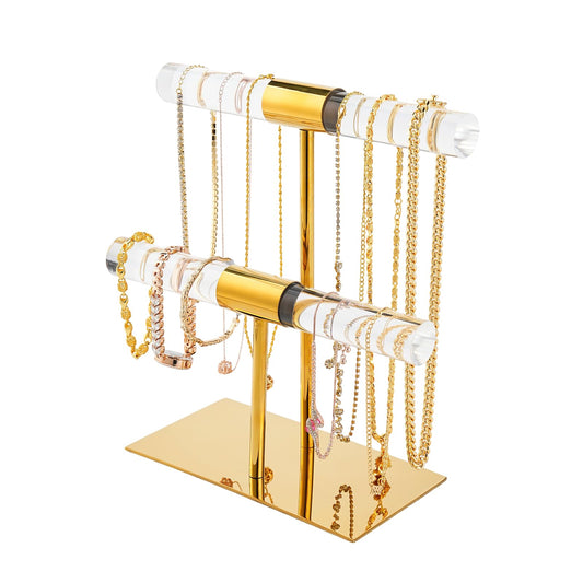 CHANJEYION Display Stand Acrylic Jewelry Towers - Stainless Steel Long Necklaces Stand 2-Tier Crystal Tabletop Jewelry Organizer Home Decor for Store Boutique Vendors