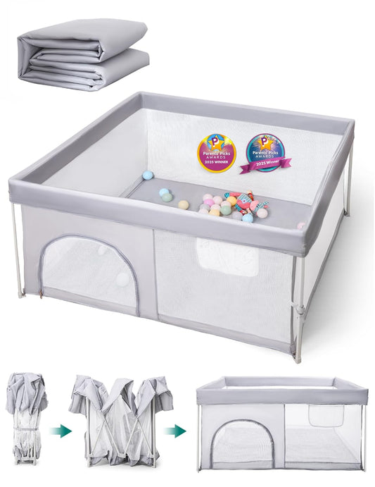 Babelio Foldable Baby Playpen - Portable 54.5" x 54.5" Playard with Mat | Indoor & Outdoor Safety Fence, Grey