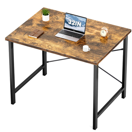 Sweetcrispy Computer Small Office Desk 32 Inch Student Study Writing Work with Metal Frame Wood Tabletop Modern Simple PC Home Bedroom Table, Rustic Brown
