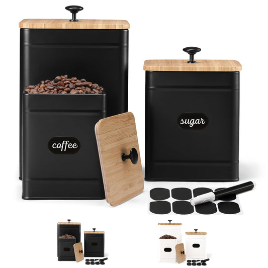 PERFNIQUE Kitchen Canisters for Countertop Set of 3, Airtight Canisters Sets for the Kitchen Counter with Lid, Metal Farmhouse Food Storage Containers Jars for Flour Sugar Coffee Tea Spice (Black)