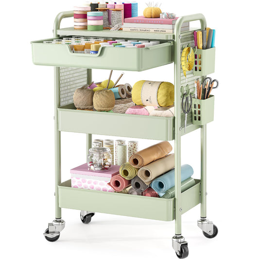 Rolling cart with Drawers - 3 Tier Metal Multifunctional Storage Organizors on Wheels with Tabletop, Hooks & Basket, Sturdy Craft & Art Cart for Bathroom, Bedroom, Children Room, Green