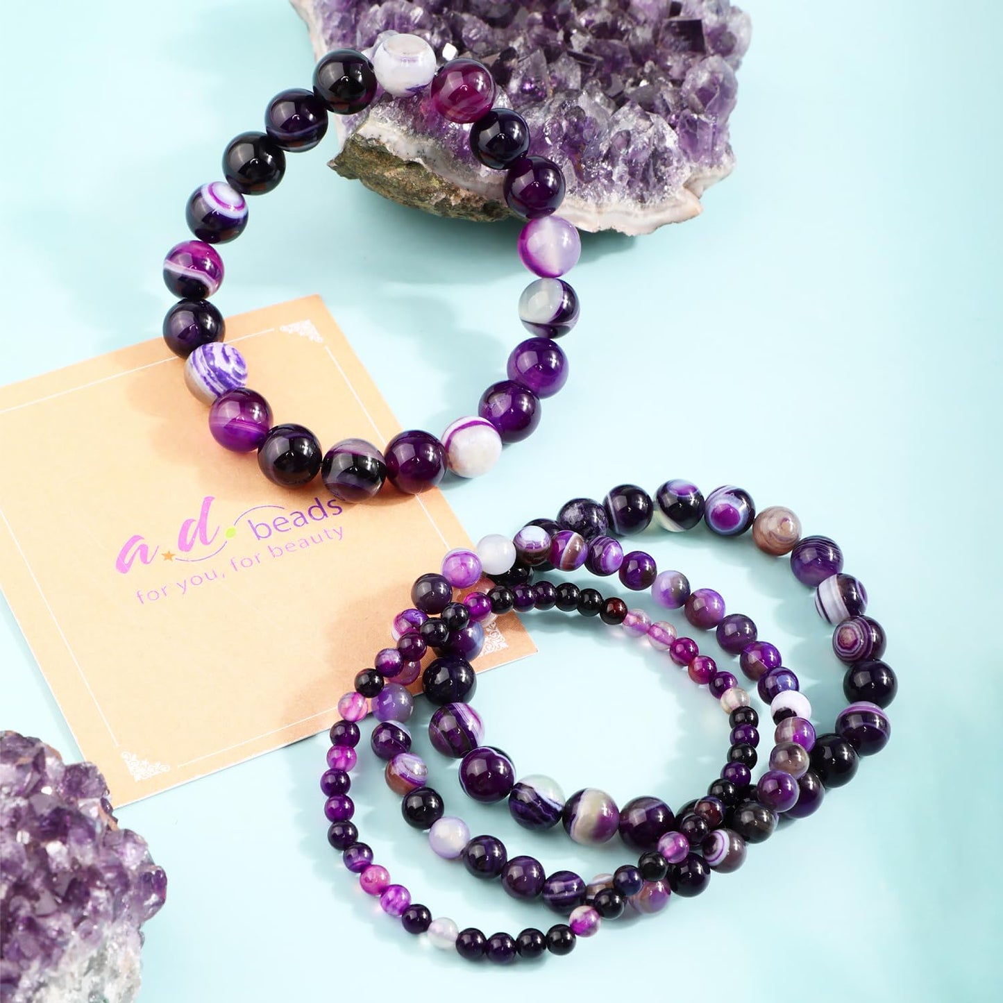 AD Beads 10mm Handmade Purple Stripe Agate Elastic Bracelet – Natural Gemstone for Peace and Tranquility – Meditation, Yoga, Healing and Energy Gift for Men Women