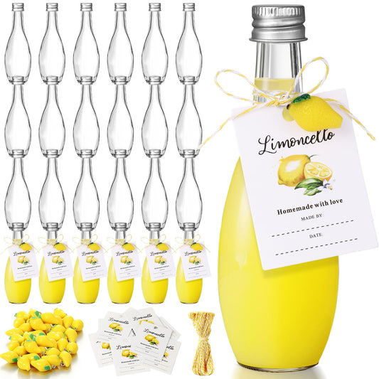 LemonRoad 24 Sets 1.7 oz Limoncello Glass Bottles, Empty Small Clear Liquor Bottles with Tags, Mini Resin Lemon Charms, Rope for Homemade Limoncello Brewing Beverages Gifts(Retro,Metal Lid)