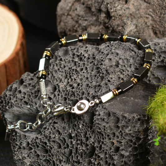 Casvia Hematite & Obsidian Bracelet for Men, GritChain Adjustable Stainless Steel Beaded Bracelet, Easy to Wear Chakra Jewelry, Ideal Gift for Dad, Husband, Boyfriend