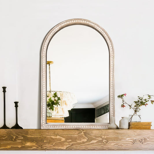 Arched Vanity Mirror for Wall, 30"x20" Boho Rustic Farmhouse Mirror with Beaded Wooden Frame, Decorative Wooden Mirror for Bathroom, Living Room, Entryway, or Bedroom
