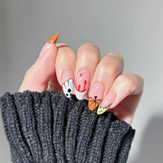 10pcs Halloween Press on Nails Short Fake Nails with Ghost Pumpkin Design Almond Nails Glitter False Nails Halloween Full Cover Cute Stick on Nail for Woman Tool Kit Nail (MT-150-S)