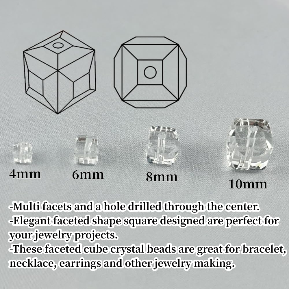 YUEXIGO 200pcs 4mm Cube Crystal Glass Beads for Jewelry Making Faceted Square Crystal Glass Bead Spacer Beads Loose Beads for Bracelet Earring Necklace DIY Craft(Transparent)