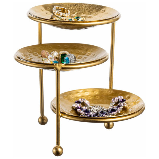 MyGift 3 Tier Jewelry Dish Organizer - Hammered Brass Plated Metal Ring Tray, Decorative Earring, Necklace, Bracelet Storage Display Tower - Handcrafted in India