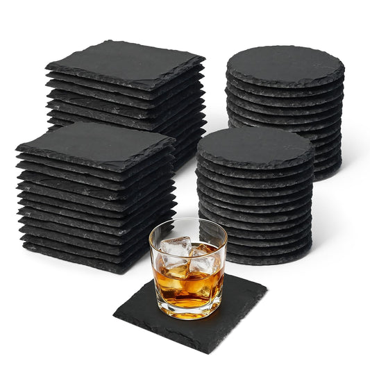 48 Pack 4 Inch Slate Coasters,Black Blank Slate for Laser Engraving,Square & Round Slate Coasters Bulk for Home & Bar Table Protection (24 Square + 24 Round)