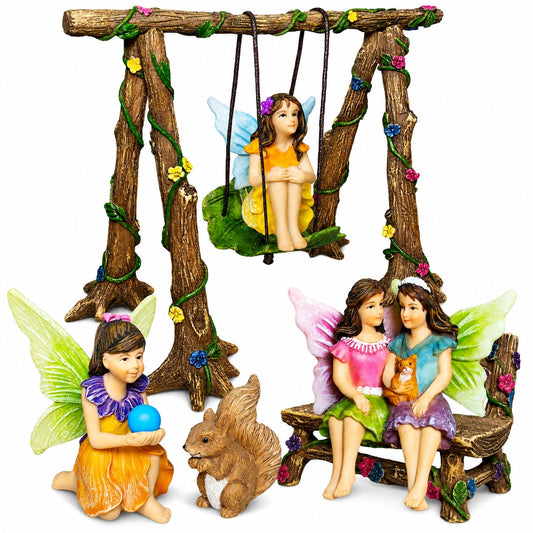 Mood Lab Fairy Garden Figurines with Swing - Miniature Accessories Set (6 pcs) - Outdoor Indoor Garden Decor