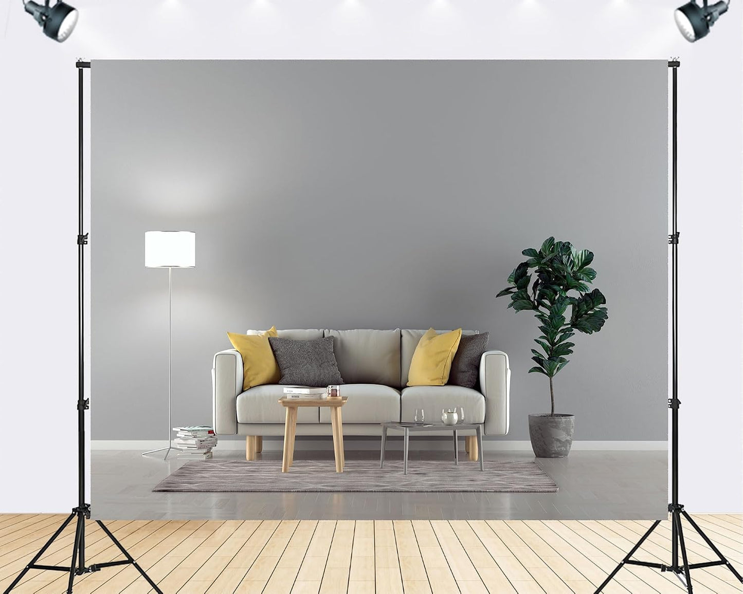 TryKid 5x3ft Modern Living Room Backdrop Beige Sofa Yellow Pillows Fiddle Leaf Fig Minimalist Interior Photography