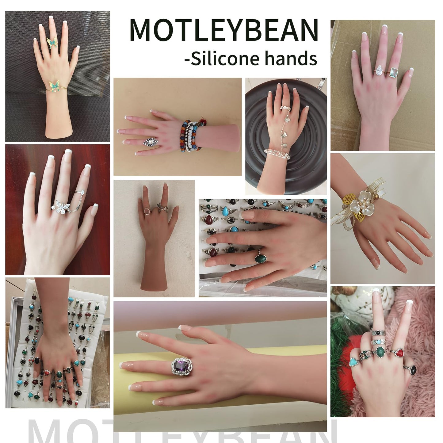 MOTLEYBEAN Realistic Silicone Female Hand Life Size Female Model Hand for Showing Jewelry Pranksters Halloween Props Photography Props (Ivory,Left Hand-Without Skeleton)