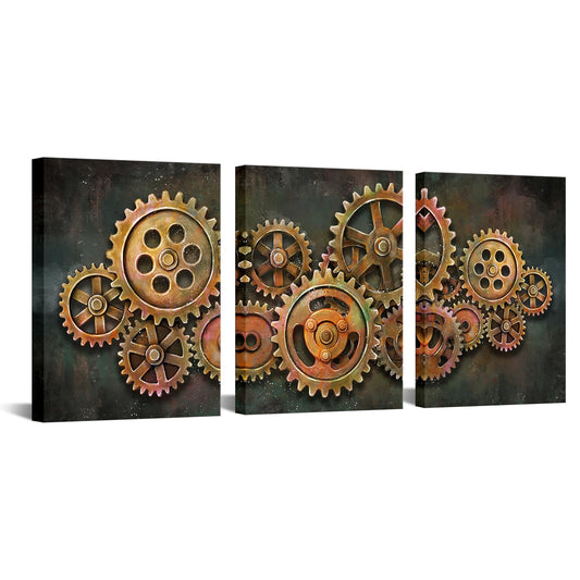 iHAPPYWALL 3 Pieces Abstract Gear Wheel Canvas Wall Art Industrial Steampunk Mechanical Picture Teamwork Gift for Bedroom Home Office Cafe Bar Decor Ready to Hang 16x12inchx3pcs
