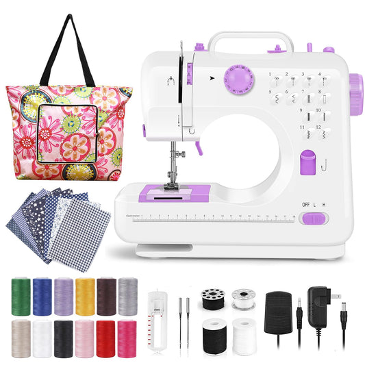 Dechow Sewing Machine for Beginners, Electric Mini Portable, 12 Built-in Stitches with Reverse Sewing, 2 Speeds Double Thread with Foot Pedal, Storage Bag, Cotton Fabric and Threads(Purple)