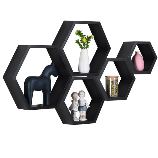 PHOENANCEE Hexagon Floating Shelves,Wall Mounted Wood Farmhouse Storage Honeycomb Shelf Set of 5,for Bathroom, Kitchen, Bedroom, Living Room,Office,Home Room Wall Decor Driftwood Finish