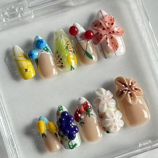 10pcs Summer Press on Nail Almond Shape Fake Nails with Fruit designs 3D False Nails Full Cover Colorful French Tip Press ones Handmade Acrylic Glue on Nails for Women Beach Vacation Manicure（m size）