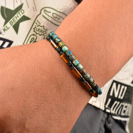 Casvia Men’s Beaded Tiger Eye Gemstone Bracelet - Handcrafted Original Design, Hematite & Obsidian Accents, Adjustable Stainless Steel Dual-Clasp, Thickened Steel Wire, 6.89–8.8 Inch, Gift for Men