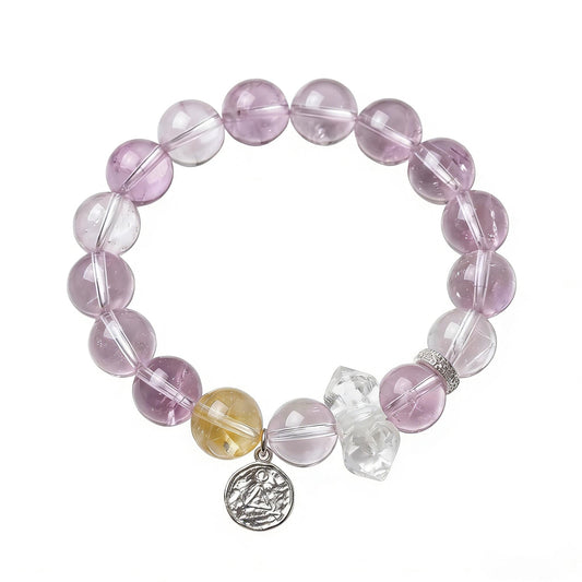 ANNIE WU Natural Crystal Bracelet for Women, Amethyst Citrine Clear Quartz Healing Beaded Bracelet, 925 Sterling Silver Adjustable Stretch Bracelet, 10mm Beads, 17-19cm, Spiritual Energy Jewelry Gift with Premium Box