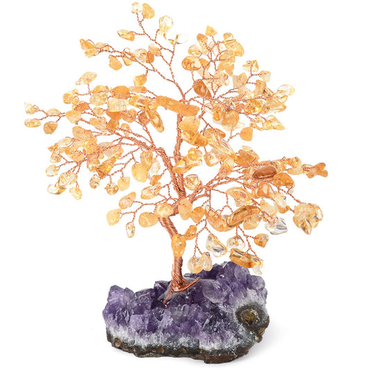 MASGEMES Natural Citrine Crystal Tree with Amethyst Geode Base,Healing Crystals Feng Shui Bonsai Money Tree,Chakra Balancing Positive Energy Home Decor 5.5"-6.3"