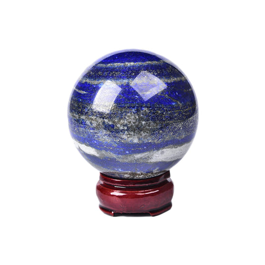 JIC Gem Lapis Lazuli Crystal Sphere with Wooden Stand,Decorative Crystal Ball Blues Gemstone Sphere for Meditation,Feng Shui,Witch-Style Decor,Office Table 70-80mm