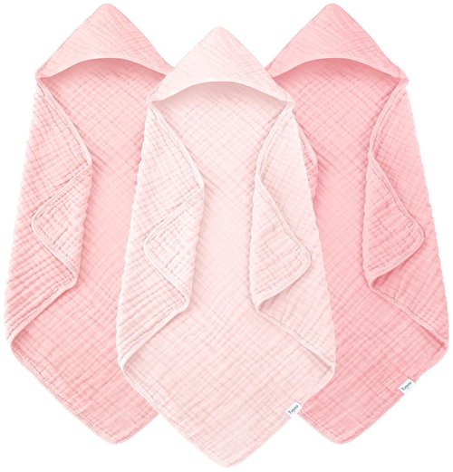 Muslin Hooded Baby Bath Towels - Ultra-Soft 100% Cotton | 3 Pack, 32x32 Inch, Quick-Dry, Pink Series