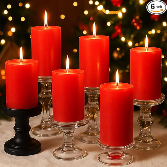 Red Pillar Candles - 6 Packs, 2.8x4 Inch, Unscented Pillar Candles Bulk, 56 Hours Long Burning Candles, Dripless & Smokeless Large Red Candles for Holiday Decor, Fireplace, Christmas,Advent
