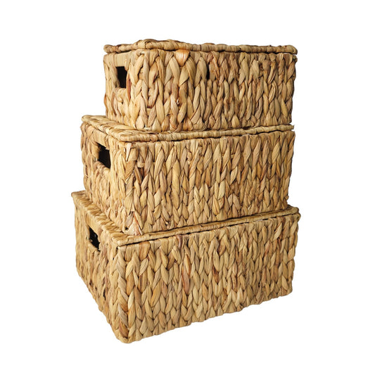 Wicker Storage Baskets With Lid,Set of 3 Rectangular Rattan Basket Decorative Boxes with Handles,Large Storage Box Hyacinth Wicker Baskets For Shelf Organizer, Nursery Room,Bathroom,Living Room