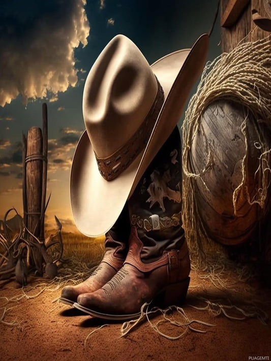 PUAGEMTI Diamond Painting Kit for Adults, Beginner Cowboy Hat Boots Diamond Art Kit, DIY All Diamond Floral Round Diamonds, Farmhouse Home Wall 12x16 Inches