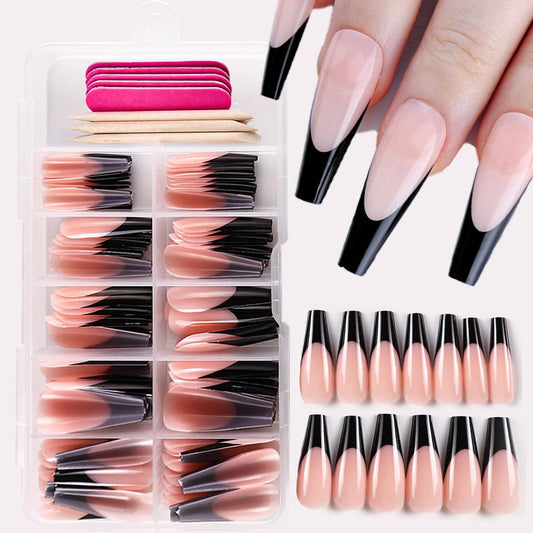 120Pcs Black French Tip Press on Nails Long Coffin Fake Nails French Tip False Nails Full Cover Acrylic Glue on Nail Nude Pink Artificial Nails Reusable Stick on Nail for Women Manicure Kit