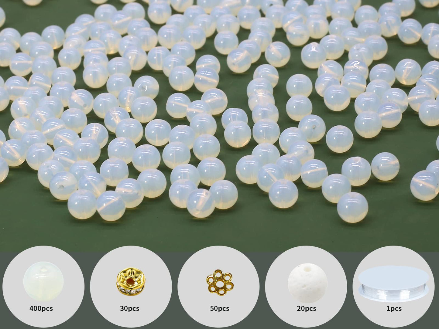 Pamir Tong 500PCS 8mm Milky White Glass Round Beads Bulk,Imitative Jade Beads Kit, Bracelet Space Loose Beads for Jewelry Making Earring, Necklaces, DIY Crafts & Gifts #351