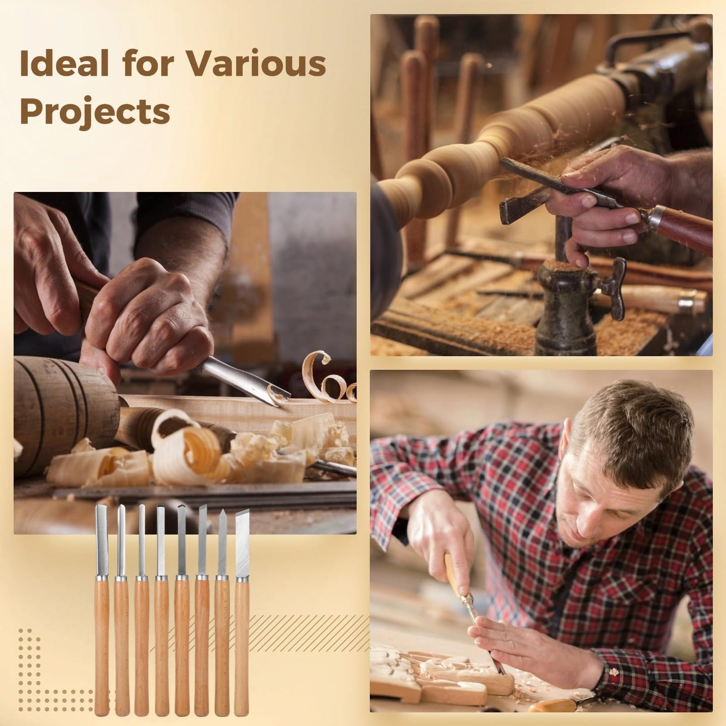 8 Pcs Wood Lathe Tools - Wood Turning Tools for Lathe with Steel Blades, Woodworking Tools for Beginners & Professionals