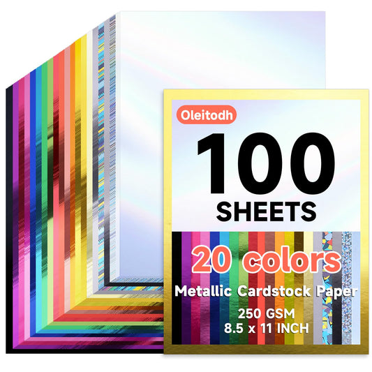 100 Sheets Metallic Mixed Cardstock Paper Bulk 20 Colors,Foil Board Paper 8.5" x 11", Mirror Finish Surface, Assorted Mixed Glitter Paper 250gsm for Crafting Card Making Invitations Decorations