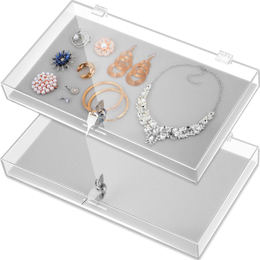 Huquary 2 Pcs Acrylic Locking Jewelry Display Case Clear Ring Earring Necklace Bracelet Security Showcase with Lock and Key for Trade Show Retail Display (Gray)