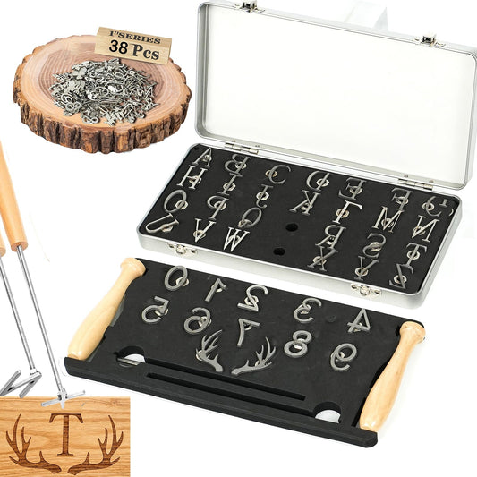 ZAGEVIVIN 38 Pcs Mini 1" Branding Iron for Wood Leather Hats- Personalized Wood Burning, Leather Crafting & Food Marking for DIY BBQ， Witchcraft Supplies(38PCS Number/Alphabet/Antlers Set)