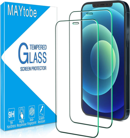 [2 Pack 12 12 MAYtobe Screen Protector for iPhone and iPhone Pro Tempered Glass Film, Bubble Free, Case Friendly, Easy