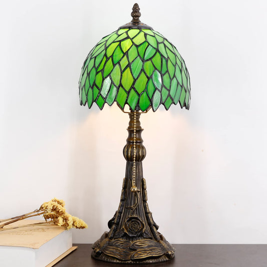 SYETL Small Tiffany Lamp Mini Stained Glass Desk Lamp Vintage Table Lamp Tiffany Style Night Light 8X17.5 Inch (Green Wisteria Leaves Style)