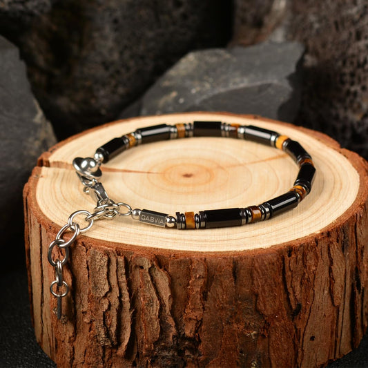 Casvia Men's Black Onyx Hematite Tiger Eye Chakra Beaded Gemstone Bracelet, Handmade Adjustable Dual Clasp 6.89-8.8 Inches, Comfort Fit Everyday Wear, Ideal Gift for Him