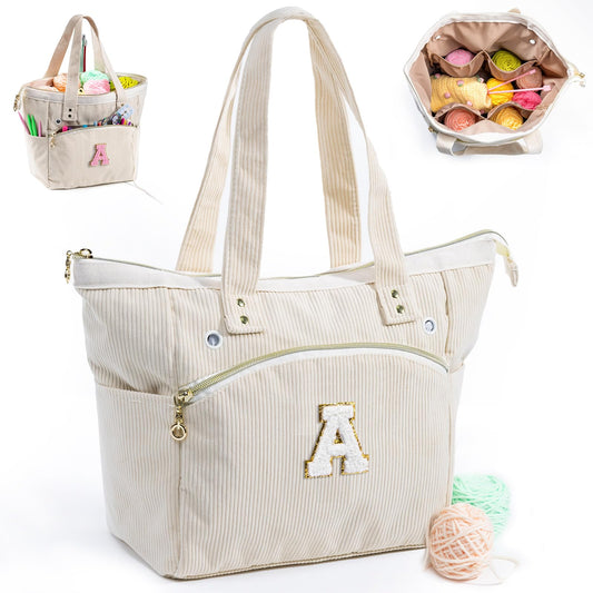 Initial Personalized Crochet Bag Tote - Corduroy Yarn Bag Storage - Yarn Holder for Crocheting - Crochet Organizer for Crochet Hooks, Crochet Accessories,Project Bag Knitting Bag Crochet Lover Gift
