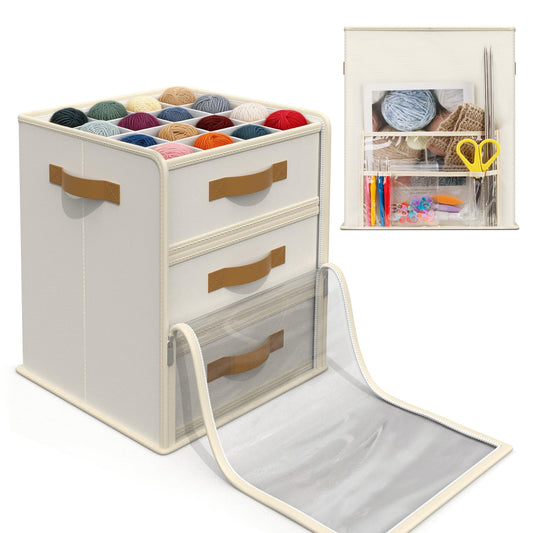 Temlum Yarn Storage Organizer with 3 Stackable Trays, Large Yarn Storage Container with Adjustable Dividers Crochet Storage for Yarns, Crochet Hooks, Knitting Needles, Crochet Accessories